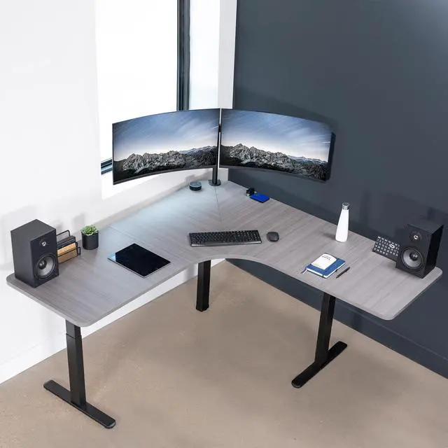 Alt view image 2 of 7 - Universal 71 x 71 inch Curved Corner Table Top for L-Shape Sit to Stand Height Adjustable Home and Office 3-Leg Desk Frames, Dark Gray Desktop, DESK-TOP2CG