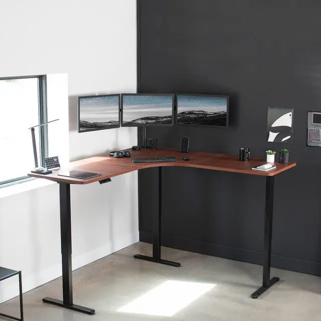 Alt view image 5 of 7 - Universal 71 x 71 inch Curved Corner Table Top for L-Shape Sit to Stand Height Adjustable Home and Office 3-Leg Desk Frames, Dark Walnut Desktop, DESK-TOP2CD