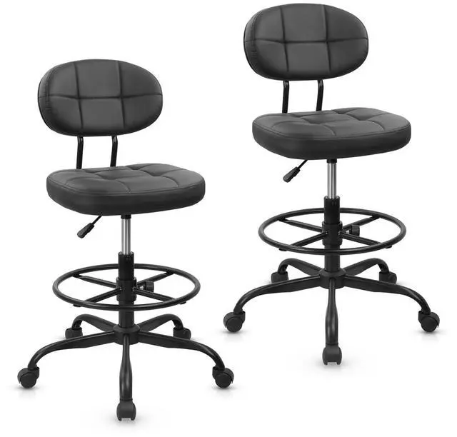 Main image of Drafting Stool with Backrest, Tall Adjustable Height Office Chair, PU Leather Swivel Rolling Stool with Footrest & Wheels for Standing Desk, Bar, Salon, Spa, Lab, Counter, Home, Black2PK
