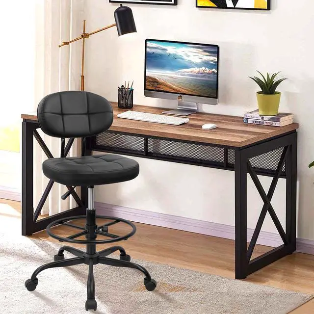 Alt view image 2 of 7 - Drafting Stool with Backrest, Tall Adjustable Height Office Chair, PU Leather Swivel Rolling Stool with Footrest & Wheels for Standing Desk, Bar, Salon, Spa, Lab, Counter, Home, Black2PK