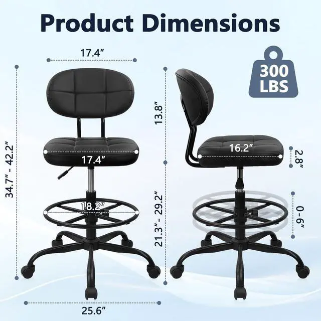 Alt view image 3 of 7 - Drafting Stool with Backrest, Tall Adjustable Height Office Chair, PU Leather Swivel Rolling Stool with Footrest & Wheels for Standing Desk, Bar, Salon, Spa, Lab, Counter, Home, Black2PK