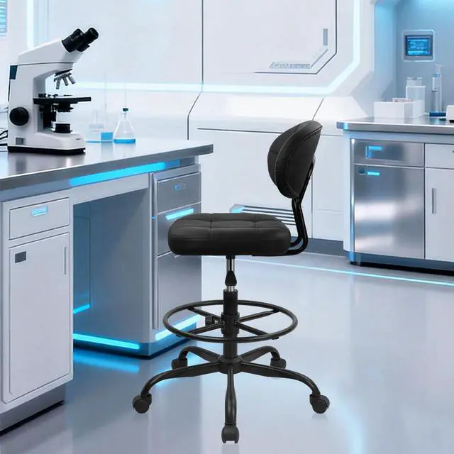 Alt view image 4 of 7 - Drafting Stool with Backrest, Tall Adjustable Height Office Chair, PU Leather Swivel Rolling Stool with Footrest & Wheels for Standing Desk, Bar, Salon, Spa, Lab, Counter, Home, Black2PK