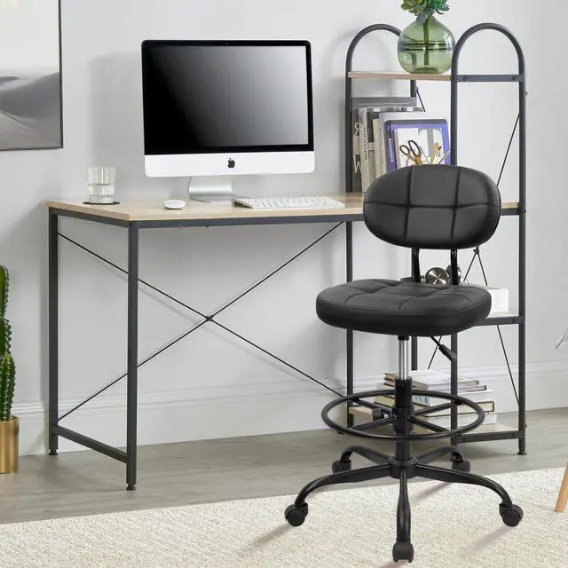 Alt view image 5 of 7 - Drafting Stool with Backrest, Tall Adjustable Height Office Chair, PU Leather Swivel Rolling Stool with Footrest & Wheels for Standing Desk, Bar, Salon, Spa, Lab, Counter, Home, Black2PK