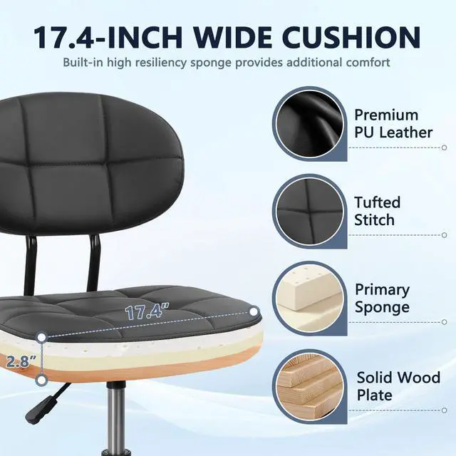 Alt view image 7 of 7 - Drafting Stool with Backrest, Tall Adjustable Height Office Chair, PU Leather Swivel Rolling Stool with Footrest & Wheels for Standing Desk, Bar, Salon, Spa, Lab, Counter, Home, Black2PK