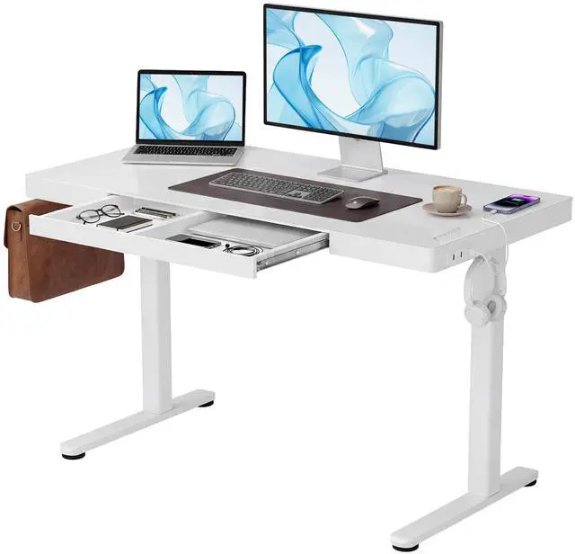 Main image of Touch Screen Glass Standing Desk with Drawers and USB Ports, 48×24 Inch Adjustable Stand Up Desk, Quick Install Home Office Glass Top Computer Desks, White
