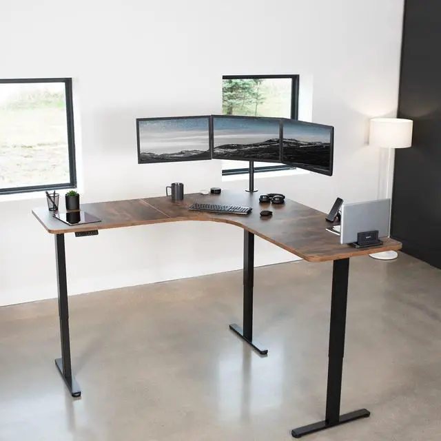 Alt view image 2 of 7 - Universal 71 x 71 inch Curved Corner Table Top for L-Shape Sit to Stand Height Adjustable Home and Office 3-Leg Desk Frames, Rustic Vintage Brown Desktop, DESK-TOP2CN