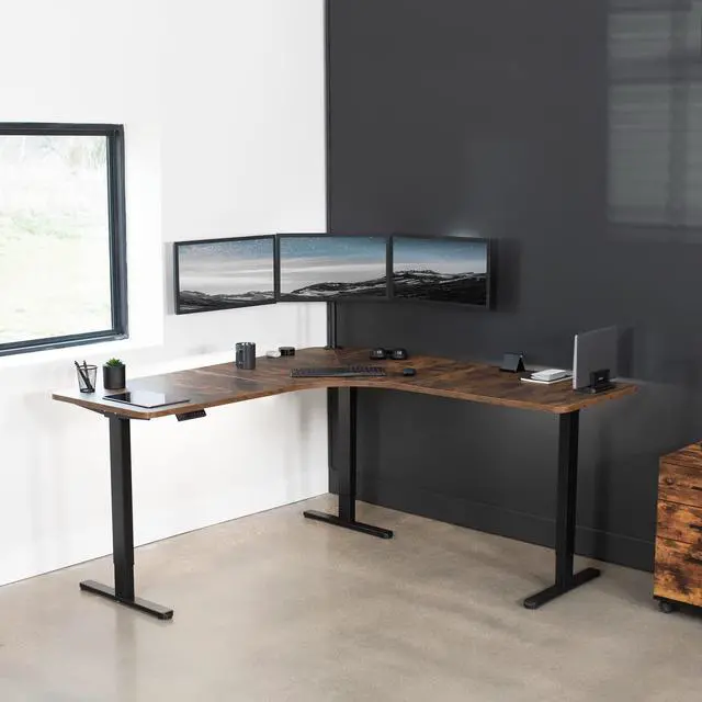Alt view image 5 of 7 - Universal 71 x 71 inch Curved Corner Table Top for L-Shape Sit to Stand Height Adjustable Home and Office 3-Leg Desk Frames, Rustic Vintage Brown Desktop, DESK-TOP2CN