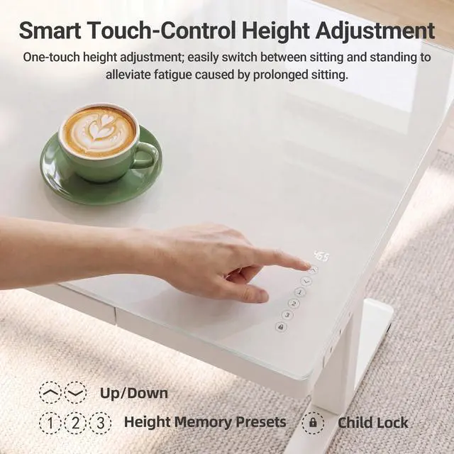 Alt view image 3 of 7 - Touch Screen Glass Standing Desk with Drawers and USB Ports, 48×24 Inch Adjustable Stand Up Desk, Quick Install Home Office Glass Top Computer Desks, White