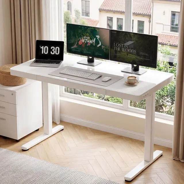 Alt view image 2 of 7 - Touch Screen Glass Standing Desk with Drawers and USB Ports, 48×24 Inch Adjustable Stand Up Desk, Quick Install Home Office Glass Top Computer Desks, White