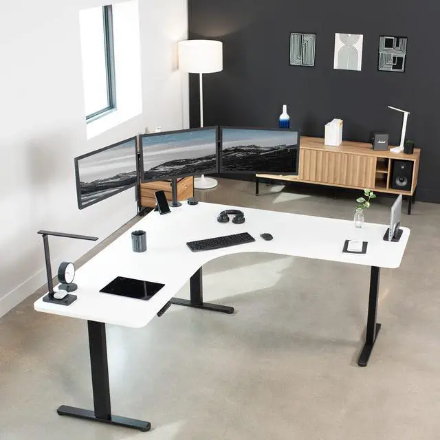 Alt view image 2 of 7 - Universal 71 x 71 inch Curved Corner Table Top for L-Shape Sit to Stand Height Adjustable Home and Office 3-Leg Desk Frames, White Desktop, DESK-TOP2CW