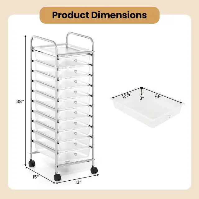Alt view image 3 of 7 - Rolling Storage Cart with 10 Drawers, Utility Cart with Tabletop, Drawer Organizer with Wheels for Craft Art Paper Tool, Mobile Organization & Sorting for Office Home School School Supplies