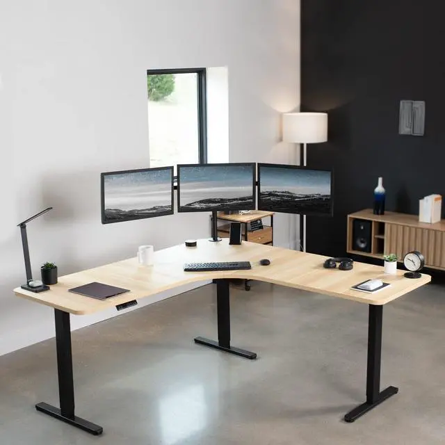Alt view image 2 of 7 - Universal 71 x 71 inch Curved Corner Table Top for L-Shape Sit to Stand Height Adjustable Home and Office 3-Leg Desk Frames, Light Wood Desktop, DESK-TOP2CC