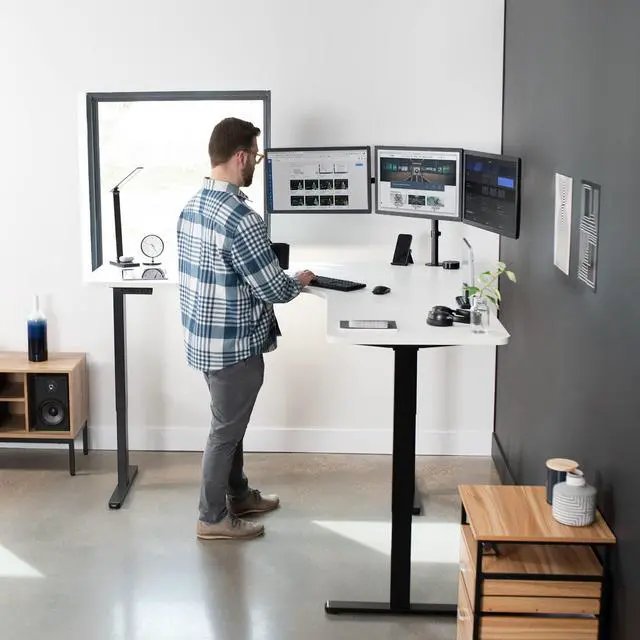 Alt view image 7 of 7 - Universal 71 x 71 inch Curved Corner Table Top for L-Shape Sit to Stand Height Adjustable Home and Office 3-Leg Desk Frames, White Desktop, DESK-TOP2CW