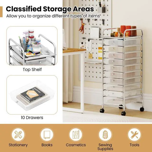 Alt view image 6 of 7 - Rolling Storage Cart with 10 Drawers, Utility Cart with Tabletop, Drawer Organizer with Wheels for Craft Art Paper Tool, Mobile Organization & Sorting for Office Home School School Supplies