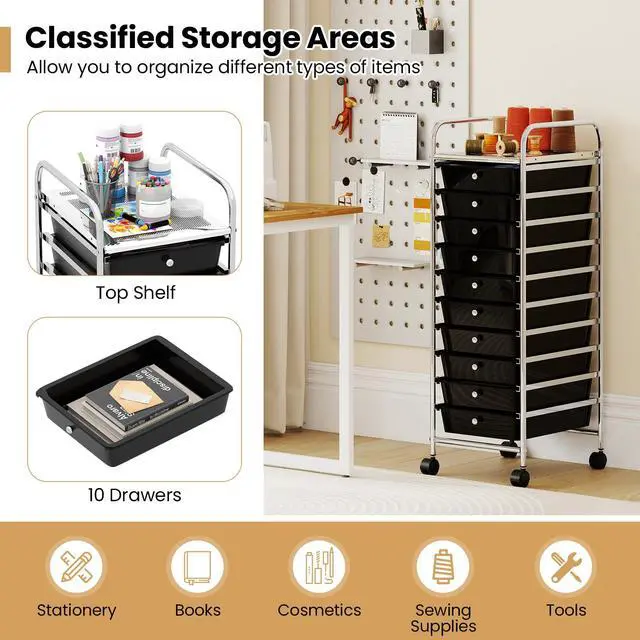 Alt view image 5 of 7 - Rolling Storage Cart with 10 Drawers, Utility Cart with Tabletop, Drawer Organizer with Wheels for Craft Art Paper Tool, Mobile Organization & Sorting for Office Home School School Supplies
