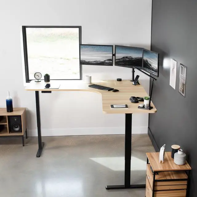 Alt view image 5 of 7 - Universal 71 x 71 inch Curved Corner Table Top for L-Shape Sit to Stand Height Adjustable Home and Office 3-Leg Desk Frames, Light Wood Desktop, DESK-TOP2CC