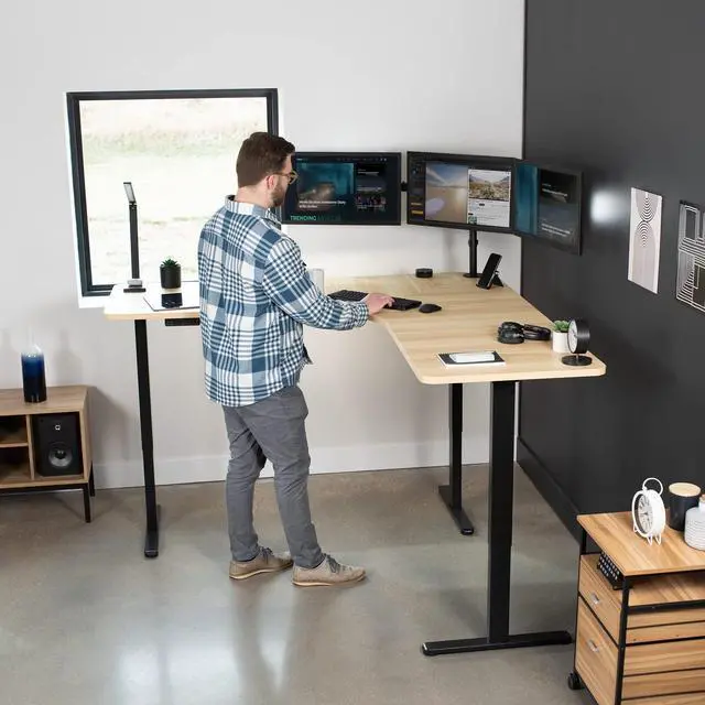 Alt view image 7 of 7 - Universal 71 x 71 inch Curved Corner Table Top for L-Shape Sit to Stand Height Adjustable Home and Office 3-Leg Desk Frames, Light Wood Desktop, DESK-TOP2CC