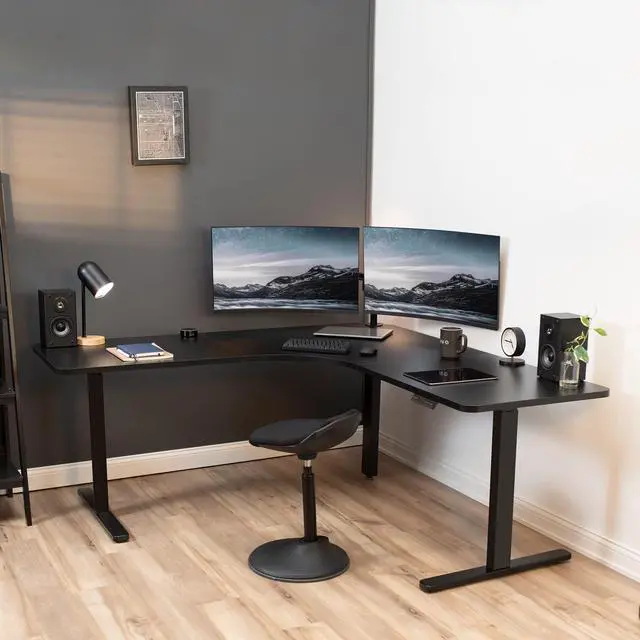 Alt view image 2 of 7 - Universal 71 x 71 inch Curved Corner Table Top for L-Shape Sit to Stand Height Adjustable Home and Office 3-Leg Desk Frames, Black Desktop, DESK-TOP2CB