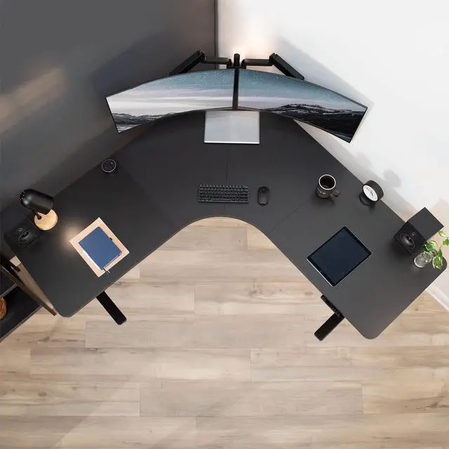 Alt view image 5 of 7 - Universal 71 x 71 inch Curved Corner Table Top for L-Shape Sit to Stand Height Adjustable Home and Office 3-Leg Desk Frames, Black Desktop, DESK-TOP2CB