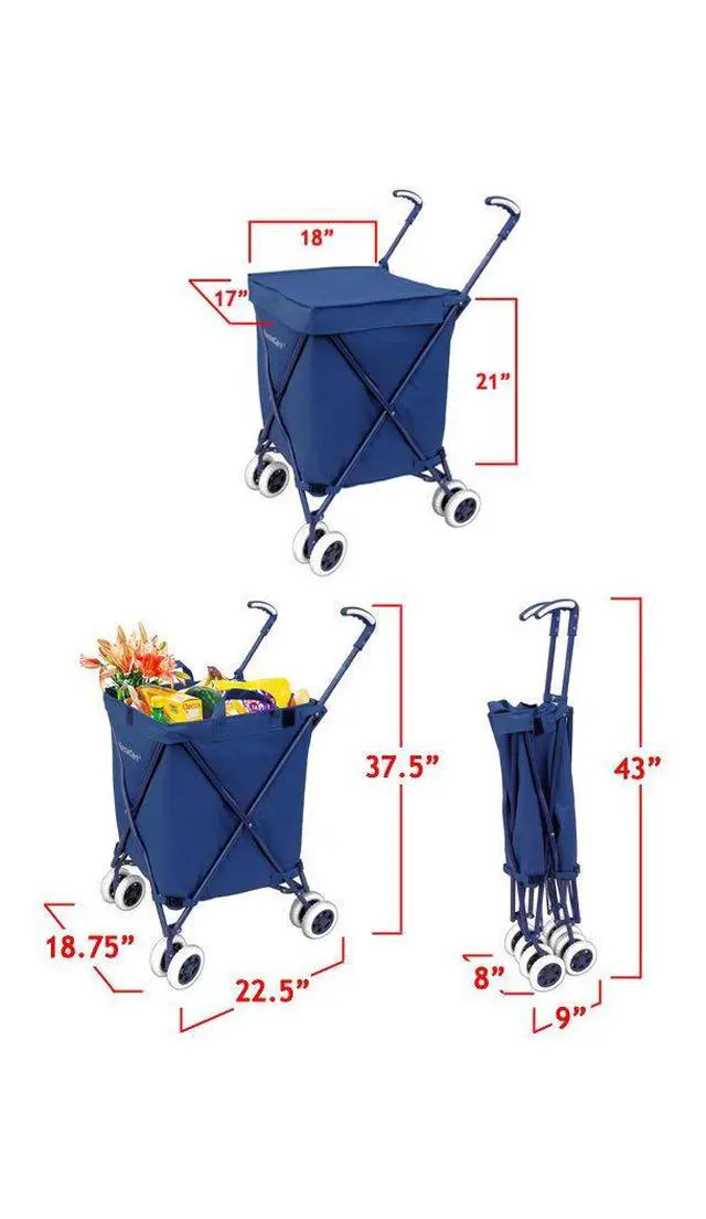 Alt view image 4 of 7 - Transit -The Original Patented Folding Shopping and Utility Cart, Water-Resistant Heavy-Duty Canvas with Cover, Double Front Swivel Wheels, Compact Folding, Transport Up to 120 Pounds, Blue