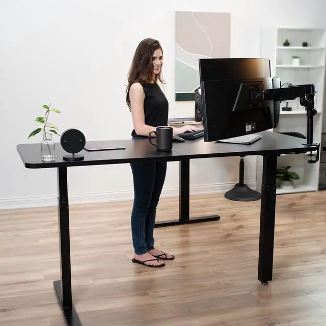 Alt view image 7 of 7 - Universal 71 x 71 inch Curved Corner Table Top for L-Shape Sit to Stand Height Adjustable Home and Office 3-Leg Desk Frames, Black Desktop, DESK-TOP2CB