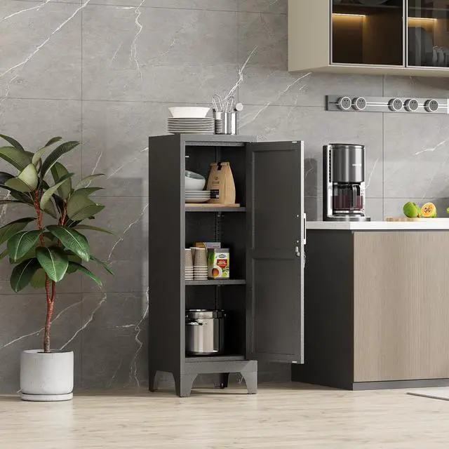 Alt view image 2 of 7 - 46"H Black Metal Locker Set of 2,Small Locking Cabinet with 1 Door and 2 Adjustable Shelves For Employees,3 Tier Small Storage Cabinet with Detachable Legs for Kitchen, Office,School,Gym,Easy Assembly