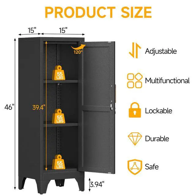 Alt view image 3 of 7 - 46"H Black Metal Locker Set of 2,Small Locking Cabinet with 1 Door and 2 Adjustable Shelves For Employees,3 Tier Small Storage Cabinet with Detachable Legs for Kitchen, Office,School,Gym,Easy Assembly
