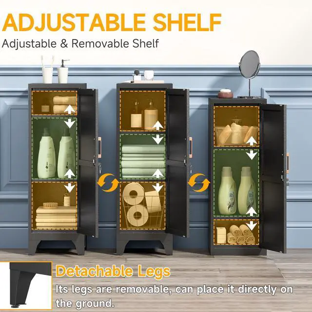 Alt view image 5 of 7 - 46"H Black Metal Locker Set of 2,Small Locking Cabinet with 1 Door and 2 Adjustable Shelves For Employees,3 Tier Small Storage Cabinet with Detachable Legs for Kitchen, Office,School,Gym,Easy Assembly