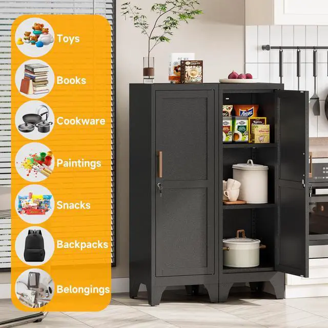 Alt view image 6 of 7 - 46"H Black Metal Locker Set of 2,Small Locking Cabinet with 1 Door and 2 Adjustable Shelves For Employees,3 Tier Small Storage Cabinet with Detachable Legs for Kitchen, Office,School,Gym,Easy Assembly