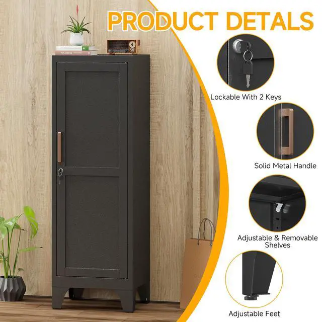 Alt view image 4 of 7 - 46"H Black Metal Locker Set of 2,Small Locking Cabinet with 1 Door and 2 Adjustable Shelves For Employees,3 Tier Small Storage Cabinet with Detachable Legs for Kitchen, Office,School,Gym,Easy Assembly