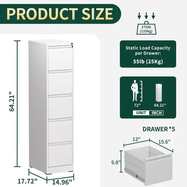 Alt view image 2 of 7 - 5 Drawer File Cabinet with Lock, Metal Vertical File Cabinets for Home Office, Office Furniture for Organization Hanging Legal/Letter/A4, Office File Cabinet Storage Cabinet, Require Assembly, White
