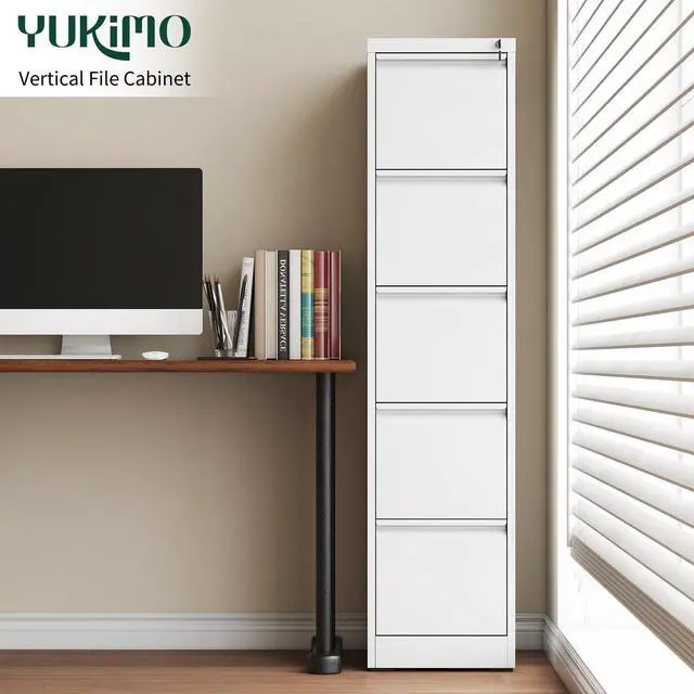 Alt view image 3 of 7 - 5 Drawer File Cabinet with Lock, Metal Vertical File Cabinets for Home Office, Office Furniture for Organization Hanging Legal/Letter/A4, Office File Cabinet Storage Cabinet, Require Assembly, White