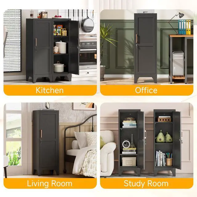Alt view image 7 of 7 - 46"H Black Metal Locker Set of 2,Small Locking Cabinet with 1 Door and 2 Adjustable Shelves For Employees,3 Tier Small Storage Cabinet with Detachable Legs for Kitchen, Office,School,Gym,Easy Assembly