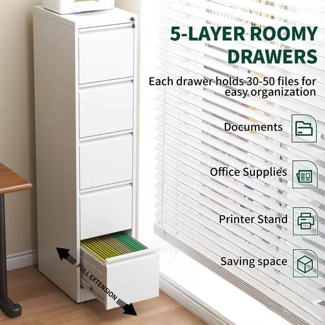 Alt view image 4 of 7 - 5 Drawer File Cabinet with Lock, Metal Vertical File Cabinets for Home Office, Office Furniture for Organization Hanging Legal/Letter/A4, Office File Cabinet Storage Cabinet, Require Assembly, White