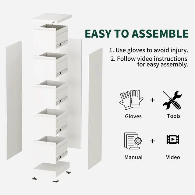 Alt view image 6 of 7 - 5 Drawer File Cabinet with Lock, Metal Vertical File Cabinets for Home Office, Office Furniture for Organization Hanging Legal/Letter/A4, Office File Cabinet Storage Cabinet, Require Assembly, White