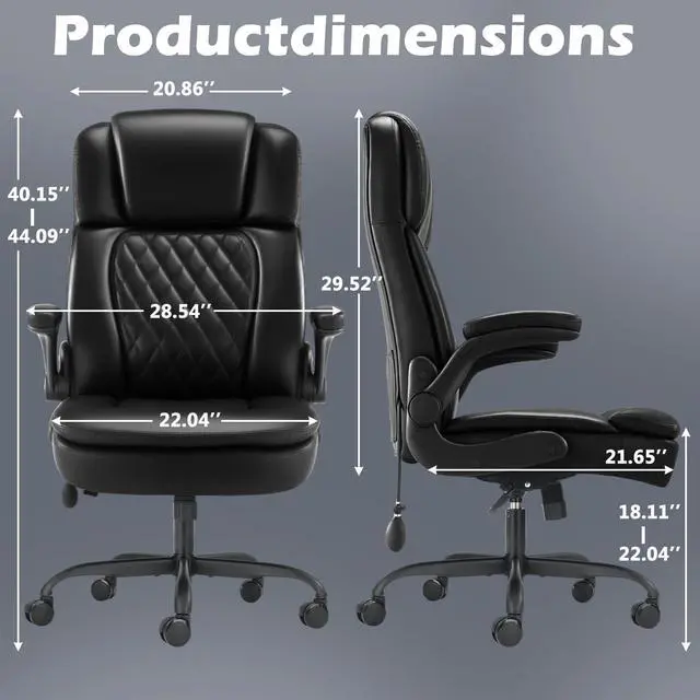 Alt view image 3 of 7 - 450lbs Executive Office Chair for Heavy People, Ergonomic Big and Tall Desk Chair with Adjustable Lumbar Support&Flip Up Armrest,High Back PU Leather Comfy Swivel Computer Chair