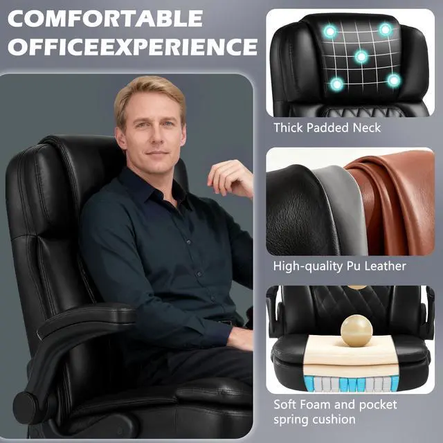Alt view image 4 of 7 - 450lbs Executive Office Chair for Heavy People, Ergonomic Big and Tall Desk Chair with Adjustable Lumbar Support&Flip Up Armrest,High Back PU Leather Comfy Swivel Computer Chair