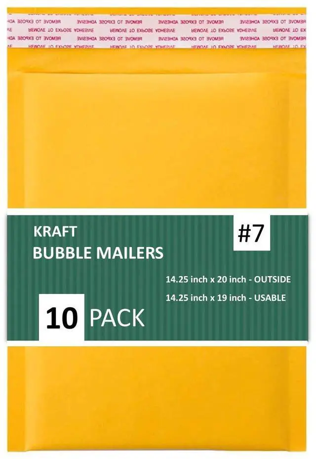 Main image of Kraft #7 Bubble Mailers, Self-Seal, Waterproof & Cushioned Padded Envelopes for Shipping, 14.25 x 20 in (10 Pack, Gold)KBM7-10