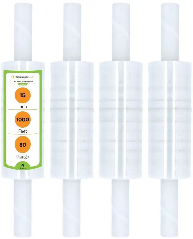 Main image of PSBM Stretch Wrap with Handles, 4 Rolls 15 Inch x 1000 Feet 80 Gauge Heavy Duty Clear Plastic Wrap Industrial Strength Shrink Film for Moving, Packing & Shipping