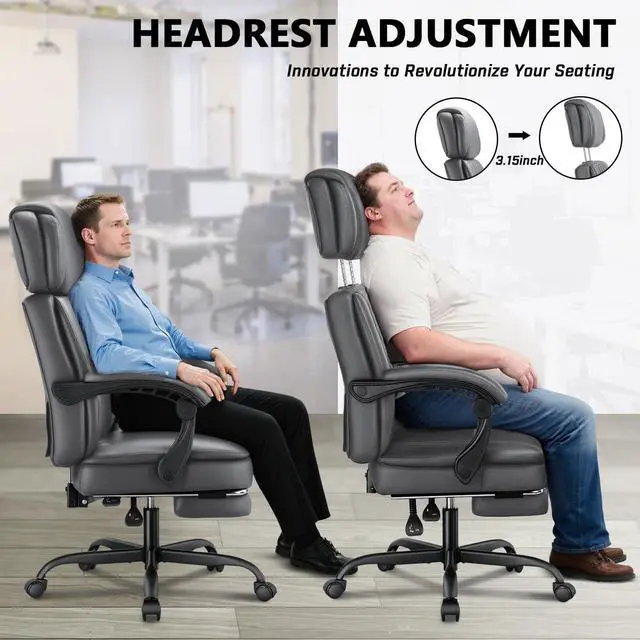 Alt view image 6 of 7 - 400lbs Executive Office Chair with Foot Rest for Heavy People, Ergonomic Big and Tall Desk Chair with Adjustable Headrest, High Back PU Leather Comfy Heavy Duty Computer Chair with Spring Cushion