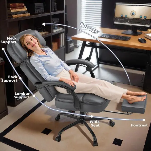 Alt view image 7 of 7 - 400lbs Executive Office Chair with Foot Rest for Heavy People, Ergonomic Big and Tall Desk Chair with Adjustable Headrest, High Back PU Leather Comfy Heavy Duty Computer Chair with Spring Cushion