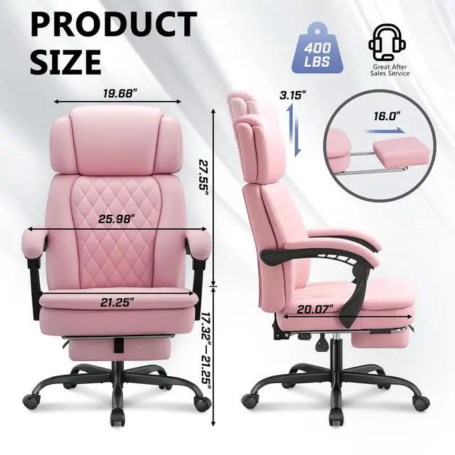Alt view image 3 of 7 - 400lbs Executive Office Chair with Foot Rest for Heavy People, Ergonomic Big and Tall Desk Chair with Adjustable Headrest, High Back PU Leather Comfy Heavy Duty Computer Chair with Spring Cushion