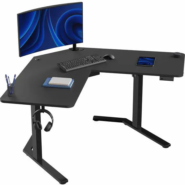 Main image of Black 55 x 55 in Corner Standing Desk, DESK-E1L110B | Electric, L-Shaped Table, Sit Stand, Height Adjustable, Memory Presets, Home and Office Furniture, Black Frame