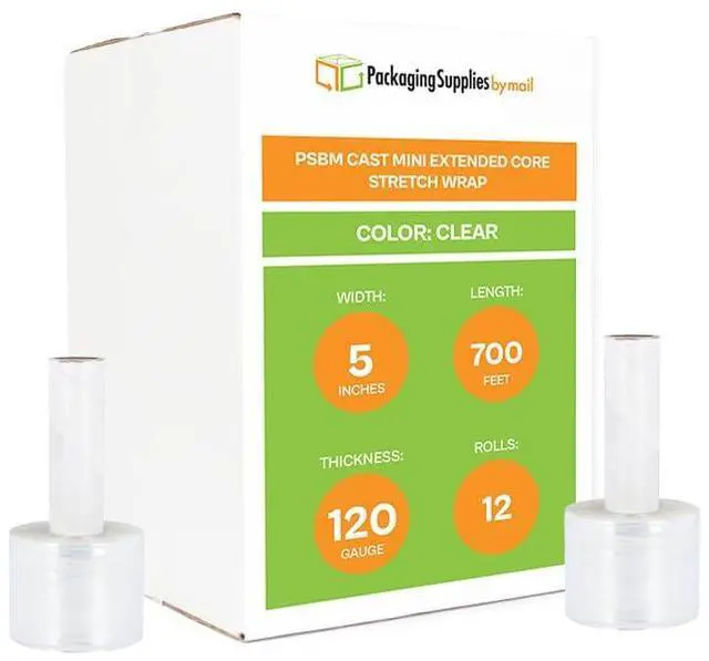 Main image of PSBM Mini Stretch Wrap with Extended Core Handles, 12 Rolls 5 Inch x 700 Feet 120 Gauge Heavy Duty Clear Plastic Wrap Industrial Strength Shrink Film for Moving, Packing & Shipping