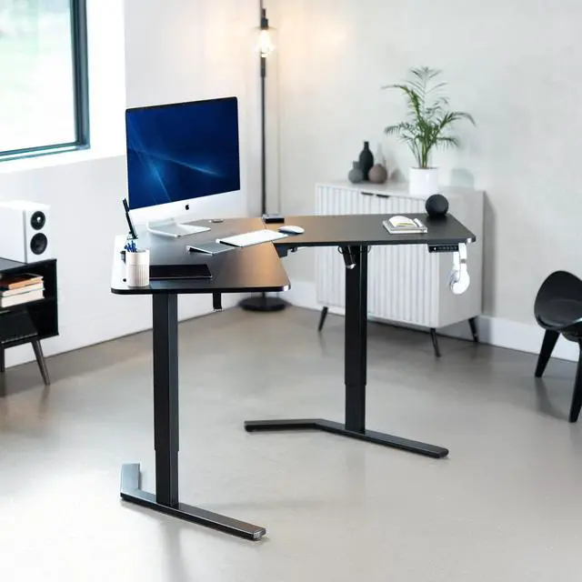 Alt view image 2 of 7 - Black 55 x 55 in Corner Standing Desk, DESK-E1L110B | Electric, L-Shaped Table, Sit Stand, Height Adjustable, Memory Presets, Home and Office Furniture, Black Frame