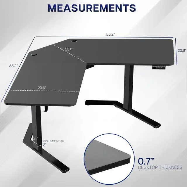 Alt view image 3 of 7 - Black 55 x 55 in Corner Standing Desk, DESK-E1L110B | Electric, L-Shaped Table, Sit Stand, Height Adjustable, Memory Presets, Home and Office Furniture, Black Frame