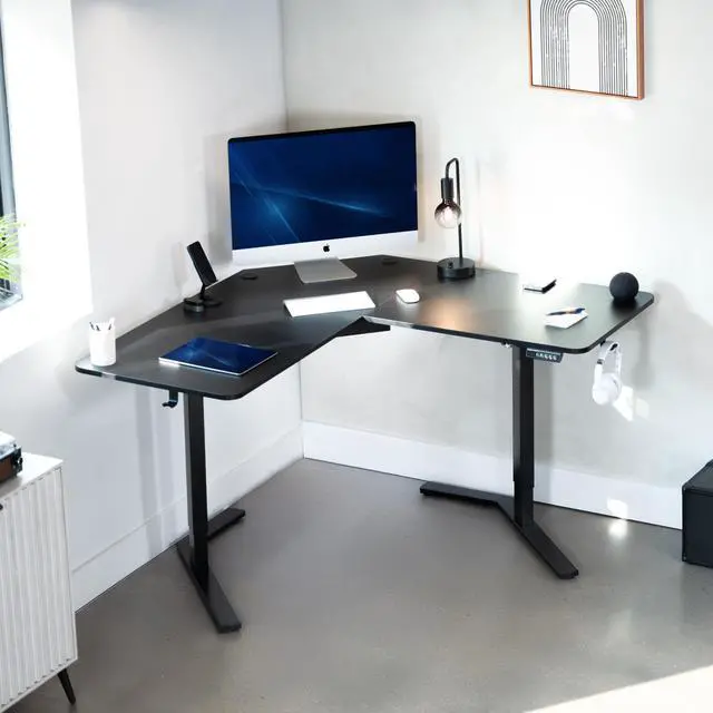 Alt view image 7 of 7 - Black 55 x 55 in Corner Standing Desk, DESK-E1L110B | Electric, L-Shaped Table, Sit Stand, Height Adjustable, Memory Presets, Home and Office Furniture, Black Frame