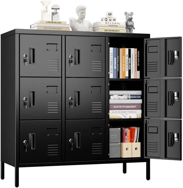 Main image of 9-Door Metal Locker for Employees with Keyed Compartments | 15.79"D x 35.51"W x 37.8"H; 9 vented compartments with card slots, 18 keys and adjustable leveling feet