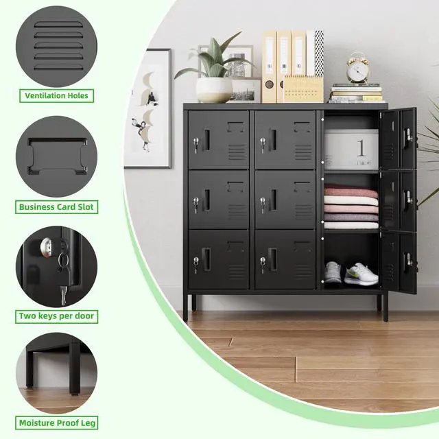 Alt view image 4 of 7 - 9-Door Metal Locker for Employees with Keyed Compartments | 15.79"D x 35.51"W x 37.8"H; 9 vented compartments with card slots, 18 keys and adjustable leveling feet