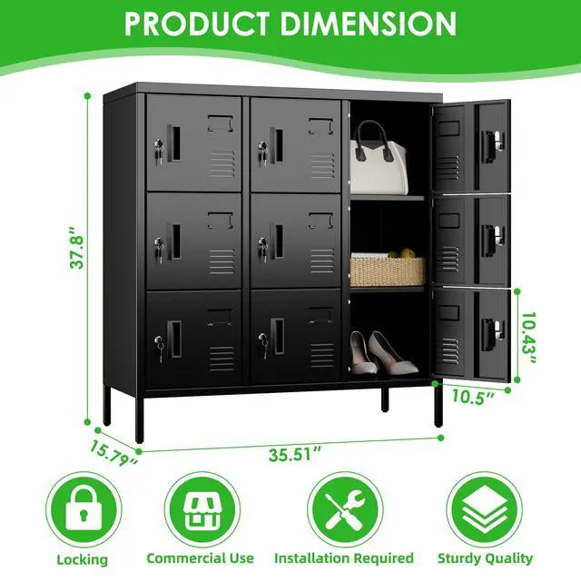 Alt view image 3 of 7 - 9-Door Metal Locker for Employees with Keyed Compartments | 15.79"D x 35.51"W x 37.8"H; 9 vented compartments with card slots, 18 keys and adjustable leveling feet